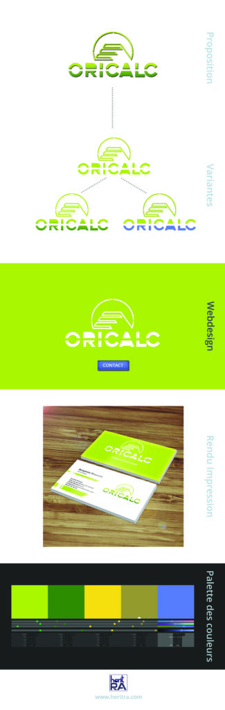 Communication globale, création d'une identité de marque complète pour l'entreprise Oricalc avec création de logo, webdesign, print, cartes de visites.